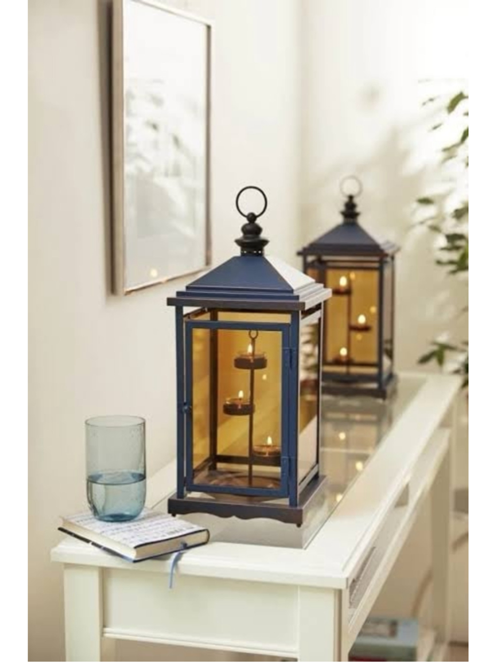 Partylite Blue indoor/Outdoor Blue Brown Candle Glass RUSTIC LANTERN